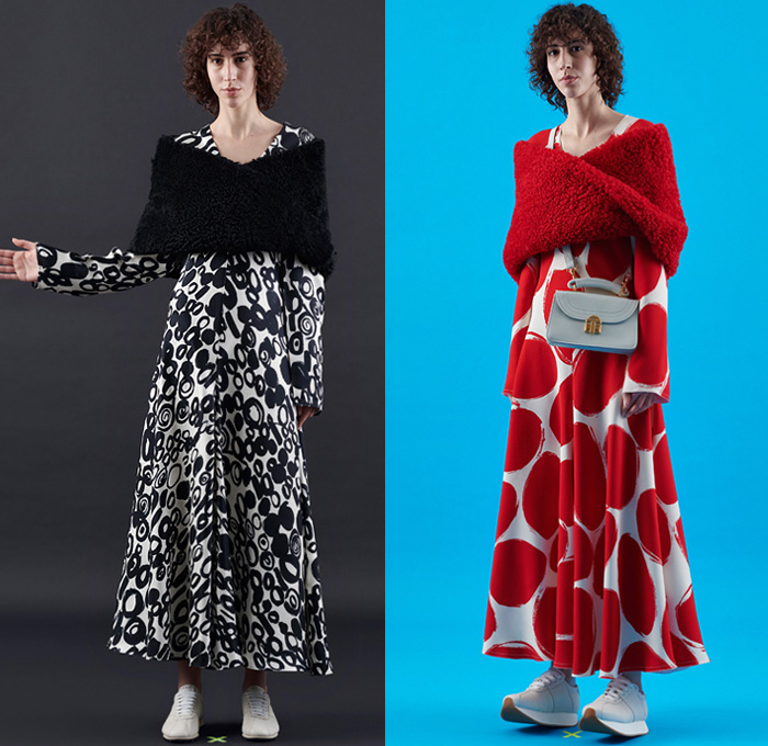 Marni 2020 Pre-Fall Autumn Womens Lookbook Presentation - Francesco Risso - Beat Generation 1950s Fifties Nordic Knit Shawl Wrap Cardigan Hybrid Deconstructed Trench Coat Peacoat Ponchojacket Check Plaid Motorcycle Biker Jacket Turtleneck Crinkled Wrinkles Patchwork Fur Fleece Bedazzled Embroidery Swirls Hand-Painted Flowers Floral Roses Circles Accordion Pleats Jacketdress Shirtdress Cutout Asymmetrical Hem Maxi Dress Silk Satin Tied Knot Metallic Gold Silver Boots Handbag Trainers