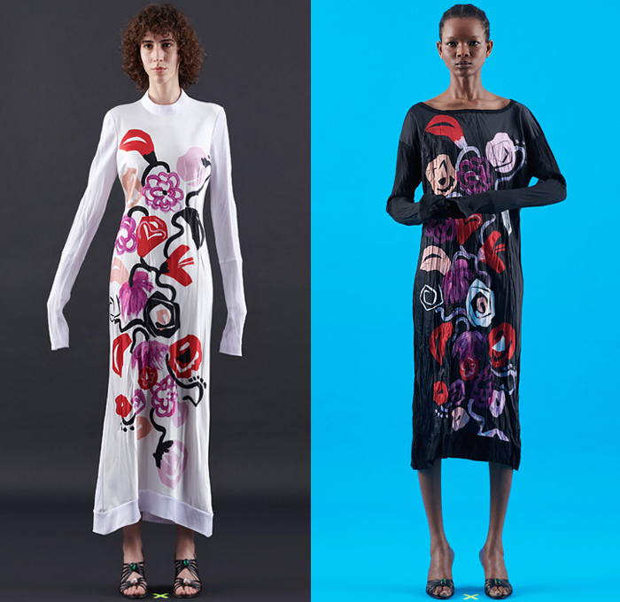 Marni 2020 Pre-Fall Autumn Womens Lookbook Presentation - Francesco Risso - Beat Generation 1950s Fifties Nordic Knit Shawl Wrap Cardigan Hybrid Deconstructed Trench Coat Peacoat Ponchojacket Check Plaid Motorcycle Biker Jacket Turtleneck Crinkled Wrinkles Patchwork Fur Fleece Bedazzled Embroidery Swirls Hand-Painted Flowers Floral Roses Circles Accordion Pleats Jacketdress Shirtdress Cutout Asymmetrical Hem Maxi Dress Silk Satin Tied Knot Metallic Gold Silver Boots Handbag Trainers