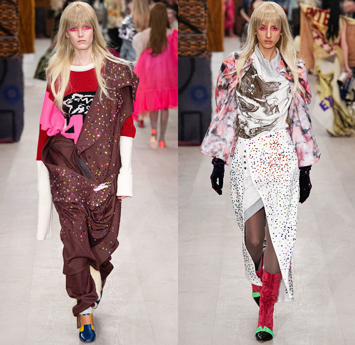 Matty Bovan 2020-2021 Fall Autumn Winter Womens Runway Catwalk Looks - London Fashion Week Collections UK - Off-World Deconstructed Upcycled Fiorucci Denim Jeans Swarovski Crystals Studs Bedazzled Beads Threads Fringes Patchwork Pinstripe Blazer Jacket Knit Sweater Onesie Jumpsuit Rags Slouchy Gloves Velvet Poufy Shoulders Flowers Floral Dress Sheer Tulle Metallic Silk Satin Gold Crop Top Midriff Safety Pin Kite Curtain Rod Draped Crinoline Quilted Big Hair Swan Lace Tights Boots