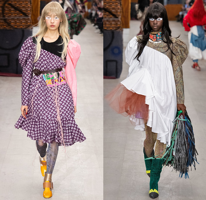 Matty Bovan 2020-2021 Fall Autumn Winter Womens Runway Catwalk Looks - London Fashion Week Collections UK - Off-World Deconstructed Upcycled Fiorucci Denim Jeans Swarovski Crystals Studs Bedazzled Beads Threads Fringes Patchwork Pinstripe Blazer Jacket Knit Sweater Onesie Jumpsuit Rags Slouchy Gloves Velvet Poufy Shoulders Flowers Floral Dress Sheer Tulle Metallic Silk Satin Gold Crop Top Midriff Safety Pin Kite Curtain Rod Draped Crinoline Quilted Big Hair Swan Lace Tights Boots