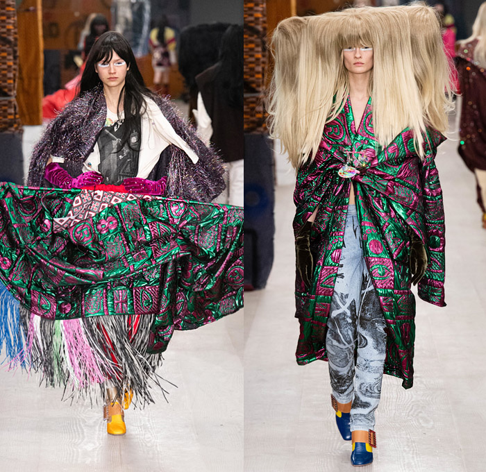 Matty Bovan 2020-2021 Fall Autumn Winter Womens Runway Catwalk Looks - London Fashion Week Collections UK - Off-World Deconstructed Upcycled Fiorucci Denim Jeans Swarovski Crystals Studs Bedazzled Beads Threads Fringes Patchwork Pinstripe Blazer Jacket Knit Sweater Onesie Jumpsuit Rags Slouchy Gloves Velvet Poufy Shoulders Flowers Floral Dress Sheer Tulle Metallic Silk Satin Gold Crop Top Midriff Safety Pin Kite Curtain Rod Draped Crinoline Quilted Big Hair Swan Lace Tights Boots