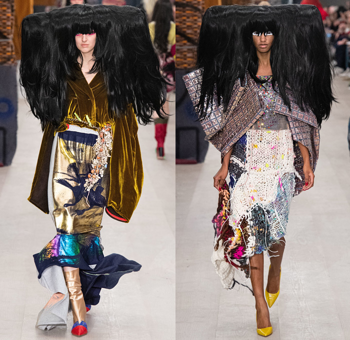 Matty Bovan 2020-2021 Fall Autumn Winter Womens Runway Catwalk Looks - London Fashion Week Collections UK - Off-World Deconstructed Upcycled Fiorucci Denim Jeans Swarovski Crystals Studs Bedazzled Beads Threads Fringes Patchwork Pinstripe Blazer Jacket Knit Sweater Onesie Jumpsuit Rags Slouchy Gloves Velvet Poufy Shoulders Flowers Floral Dress Sheer Tulle Metallic Silk Satin Gold Crop Top Midriff Safety Pin Kite Curtain Rod Draped Crinoline Quilted Big Hair Swan Lace Tights Boots