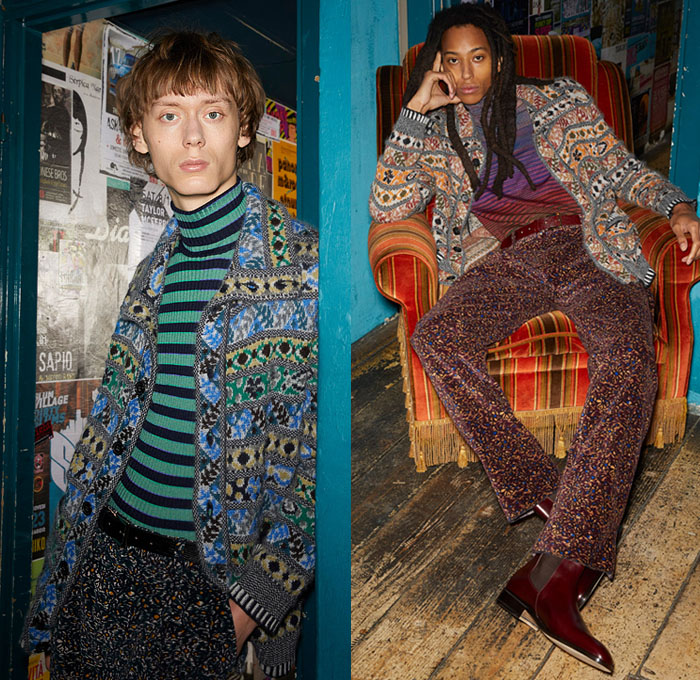 Missoni 2020-2021 Fall Autumn Winter Mens Lookbook Presentation  - Milano Moda Uomo Milan Fashion Week Italy - Late 1970s Early 1980s Miles Davis New York Jazz Scene Geometric Waves Zigzag Stripes Decorative Art Patterns Silk Scarf Shearling Fur Outerwear Coat Marbled Suit Blazer Aviator Jacket Cargo Utility Pockets Knit Weave Turtleneck Sweater Jumper Cardigan Slouchy Pants Boots