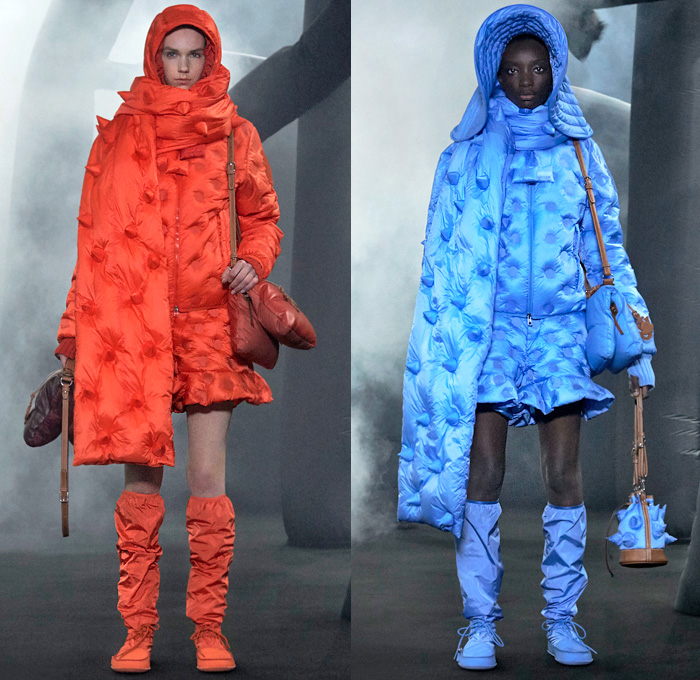 Moncler 1 JW Anderson 2020-2021 Fall Autumn Winter Womens Mens Lookbook Presentation Genius Project Collaboration - Milano Moda Donna Collezione Milan Fashion Week Italy - Inflate Puffer Quilted Horns Spikes Thorns Hoodie Parka Coat Jacket Tabard Scarf Shawl Pond Ducks Print Oversized Giant Metallic Chain Tied Knit Skirt Colorblock Shirtdress Stripes Cargo Pockets Shorts Sandbag Crossbody Duffel Handbag Floppy Hat Wrapped Boots