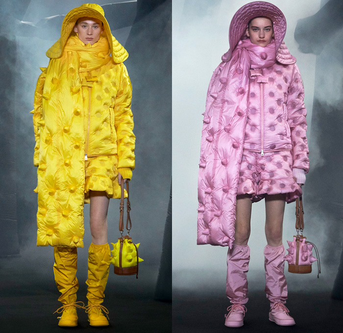 Moncler 1 JW Anderson 2020-2021 Fall Autumn Winter Womens Mens Lookbook Presentation Genius Project Collaboration - Milano Moda Donna Collezione Milan Fashion Week Italy - Inflate Puffer Quilted Horns Spikes Thorns Hoodie Parka Coat Jacket Tabard Scarf Shawl Pond Ducks Print Oversized Giant Metallic Chain Tied Knit Skirt Colorblock Shirtdress Stripes Cargo Pockets Shorts Sandbag Crossbody Duffel Handbag Floppy Hat Wrapped Boots