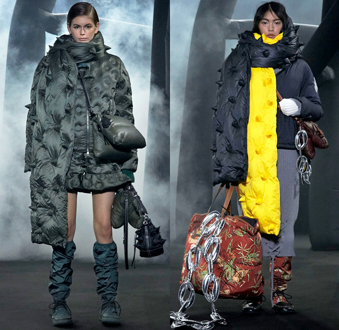 Moncler 1 JW Anderson 2020-2021 Fall Autumn Winter Womens Mens Lookbook Presentation Genius Project Collaboration - Milano Moda Donna Collezione Milan Fashion Week Italy - Inflate Puffer Quilted Horns Spikes Thorns Hoodie Parka Coat Jacket Tabard Scarf Shawl Pond Ducks Print Oversized Giant Metallic Chain Tied Knit Skirt Colorblock Shirtdress Stripes Cargo Pockets Shorts Sandbag Crossbody Duffel Handbag Floppy Hat Wrapped Boots