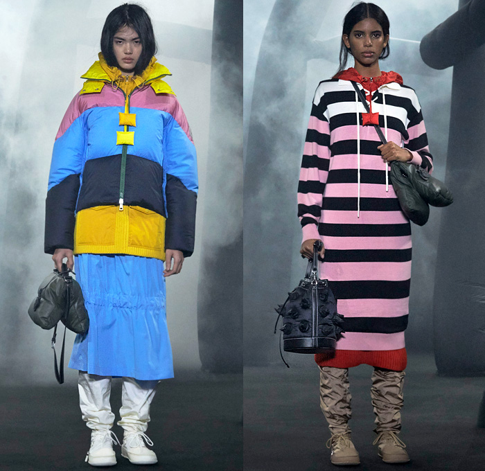 Moncler 1 JW Anderson 2020-2021 Fall Autumn Winter Womens Mens Lookbook Presentation Genius Project Collaboration - Milano Moda Donna Collezione Milan Fashion Week Italy - Inflate Puffer Quilted Horns Spikes Thorns Hoodie Parka Coat Jacket Tabard Scarf Shawl Pond Ducks Print Oversized Giant Metallic Chain Tied Knit Skirt Colorblock Shirtdress Stripes Cargo Pockets Shorts Sandbag Crossbody Duffel Handbag Floppy Hat Wrapped Boots