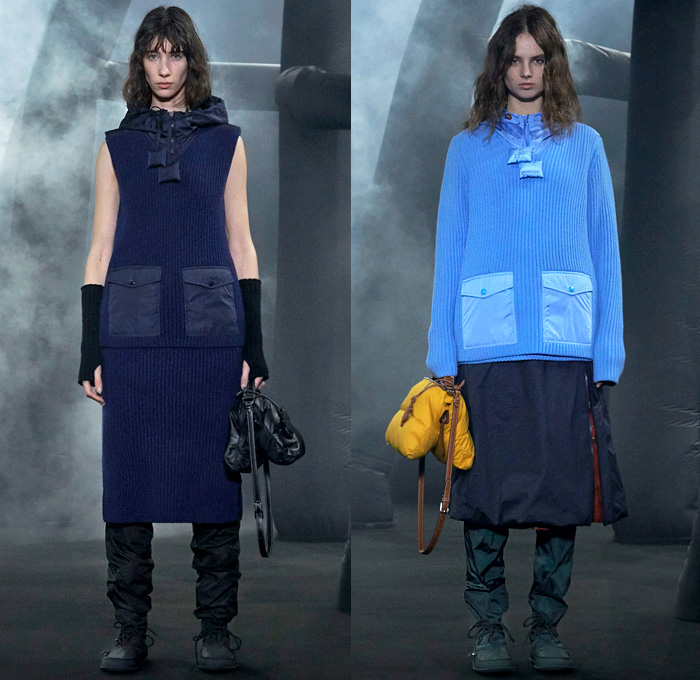 Moncler 1 JW Anderson 2020-2021 Fall Autumn Winter Womens Mens Lookbook Presentation Genius Project Collaboration - Milano Moda Donna Collezione Milan Fashion Week Italy - Inflate Puffer Quilted Horns Spikes Thorns Hoodie Parka Coat Jacket Tabard Scarf Shawl Pond Ducks Print Oversized Giant Metallic Chain Tied Knit Skirt Colorblock Shirtdress Stripes Cargo Pockets Shorts Sandbag Crossbody Duffel Handbag Floppy Hat Wrapped Boots