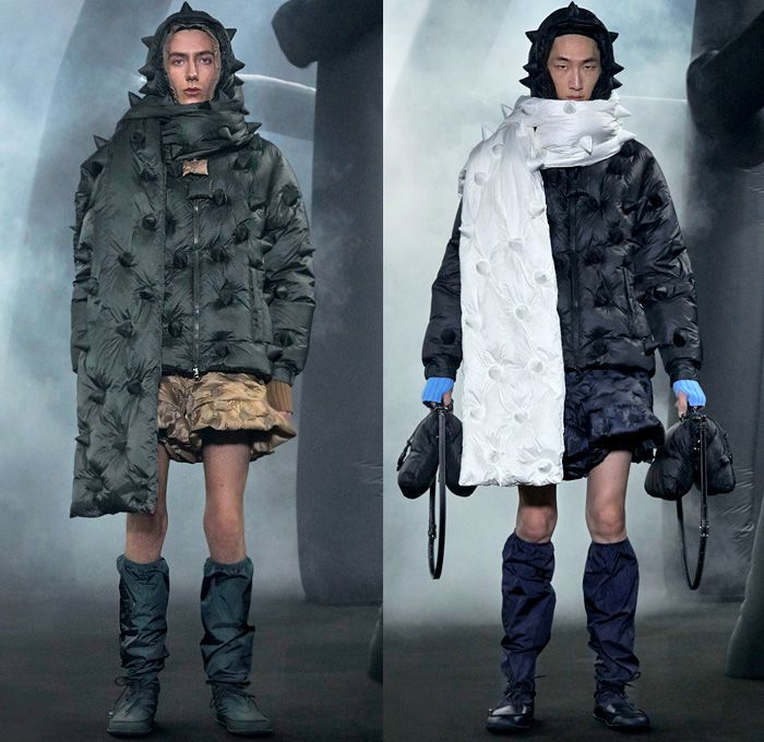 Moncler 1 JW Anderson 2020-2021 Fall Autumn Winter Womens Mens Lookbook Presentation Genius Project Collaboration - Milano Moda Donna Collezione Milan Fashion Week Italy - Inflate Puffer Quilted Horns Spikes Thorns Hoodie Parka Coat Jacket Tabard Scarf Shawl Pond Ducks Print Oversized Giant Metallic Chain Tied Knit Skirt Colorblock Shirtdress Stripes Cargo Pockets Shorts Sandbag Crossbody Duffel Handbag Floppy Hat Wrapped Boots