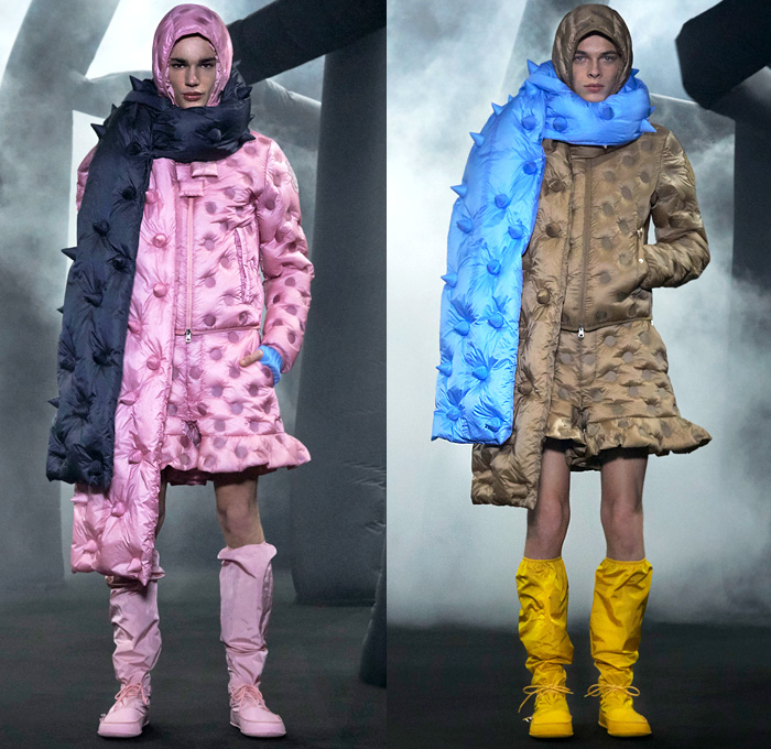 Moncler 1 JW Anderson 2020-2021 Fall Autumn Winter Womens Mens Lookbook Presentation Genius Project Collaboration - Milano Moda Donna Collezione Milan Fashion Week Italy - Inflate Puffer Quilted Horns Spikes Thorns Hoodie Parka Coat Jacket Tabard Scarf Shawl Pond Ducks Print Oversized Giant Metallic Chain Tied Knit Skirt Colorblock Shirtdress Stripes Cargo Pockets Shorts Sandbag Crossbody Duffel Handbag Floppy Hat Wrapped Boots
