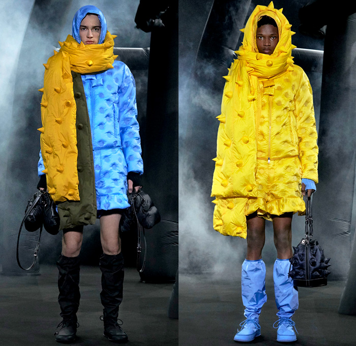 Moncler 1 JW Anderson 2020-2021 Fall Autumn Winter Womens Mens Lookbook Presentation Genius Project Collaboration - Milano Moda Donna Collezione Milan Fashion Week Italy - Inflate Puffer Quilted Horns Spikes Thorns Hoodie Parka Coat Jacket Tabard Scarf Shawl Pond Ducks Print Oversized Giant Metallic Chain Tied Knit Skirt Colorblock Shirtdress Stripes Cargo Pockets Shorts Sandbag Crossbody Duffel Handbag Floppy Hat Wrapped Boots