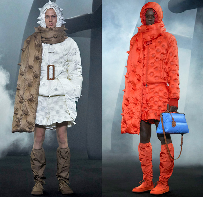 Moncler 1 JW Anderson 2020-2021 Fall Autumn Winter Womens Mens Lookbook Presentation Genius Project Collaboration - Milano Moda Donna Collezione Milan Fashion Week Italy - Inflate Puffer Quilted Horns Spikes Thorns Hoodie Parka Coat Jacket Tabard Scarf Shawl Pond Ducks Print Oversized Giant Metallic Chain Tied Knit Skirt Colorblock Shirtdress Stripes Cargo Pockets Shorts Sandbag Crossbody Duffel Handbag Floppy Hat Wrapped Boots