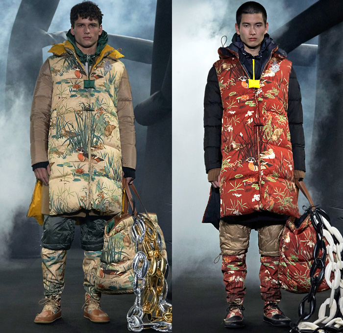 Moncler 1 JW Anderson 2020-2021 Fall Autumn Winter Womens Mens Lookbook Presentation Genius Project Collaboration - Milano Moda Donna Collezione Milan Fashion Week Italy - Inflate Puffer Quilted Horns Spikes Thorns Hoodie Parka Coat Jacket Tabard Scarf Shawl Pond Ducks Print Oversized Giant Metallic Chain Tied Knit Skirt Colorblock Shirtdress Stripes Cargo Pockets Shorts Sandbag Crossbody Duffel Handbag Floppy Hat Wrapped Boots