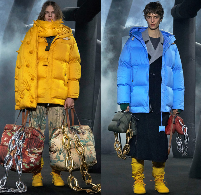 Moncler 1 JW Anderson 2020-2021 Fall Autumn Winter Womens Mens Lookbook Presentation Genius Project Collaboration - Milano Moda Donna Collezione Milan Fashion Week Italy - Inflate Puffer Quilted Horns Spikes Thorns Hoodie Parka Coat Jacket Tabard Scarf Shawl Pond Ducks Print Oversized Giant Metallic Chain Tied Knit Skirt Colorblock Shirtdress Stripes Cargo Pockets Shorts Sandbag Crossbody Duffel Handbag Floppy Hat Wrapped Boots