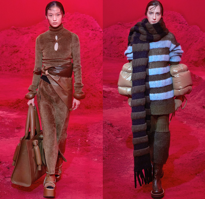 Moncler 2 1952 2020-2021 Fall Autumn Winter Womens Runway Catwalk Looks Genius Project Collaboration - Milano Moda Donna Collezione Milan Fashion Week Italy - Quilted Puffer Tubular Bubbles Drawstring Vestdress Turtleneck Knit Sweater Scarf Corduroy Nylon Faux Fur Headwear Poncho Coat Parka Jacket Crop Top Midriff Houndstooth Leaves Foliage Print Velvet Fishnet Mesh Tights Arm Warmers Gloves Handbag Tote Platform Boots Sunglasses