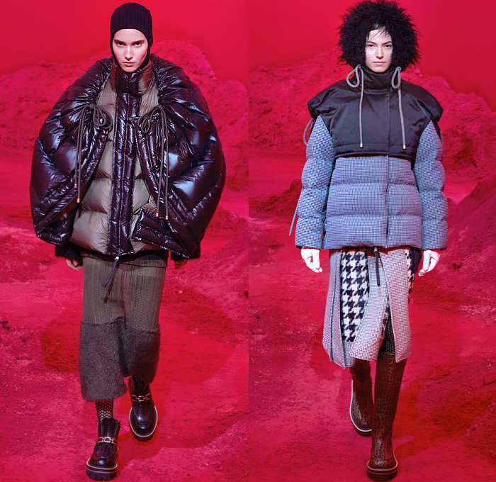 Moncler 2 1952 2020-2021 Fall Autumn Winter Womens Runway Catwalk Looks Genius Project Collaboration - Milano Moda Donna Collezione Milan Fashion Week Italy - Quilted Puffer Tubular Bubbles Drawstring Vestdress Turtleneck Knit Sweater Scarf Corduroy Nylon Faux Fur Headwear Poncho Coat Parka Jacket Crop Top Midriff Houndstooth Leaves Foliage Print Velvet Fishnet Mesh Tights Arm Warmers Gloves Handbag Tote Platform Boots Sunglasses
