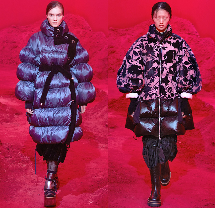 Moncler 2 1952 2020-2021 Fall Autumn Winter Womens Runway Catwalk Looks Genius Project Collaboration - Milano Moda Donna Collezione Milan Fashion Week Italy - Quilted Puffer Tubular Bubbles Drawstring Vestdress Turtleneck Knit Sweater Scarf Corduroy Nylon Faux Fur Headwear Poncho Coat Parka Jacket Crop Top Midriff Houndstooth Leaves Foliage Print Velvet Fishnet Mesh Tights Arm Warmers Gloves Handbag Tote Platform Boots Sunglasses