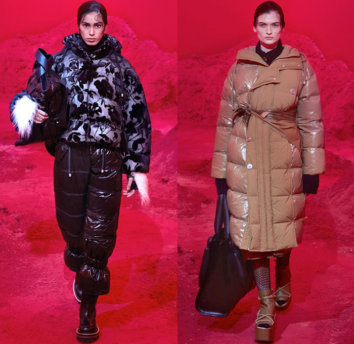 Moncler 2 1952 2020-2021 Fall Autumn Winter Womens Runway Catwalk Looks Genius Project Collaboration - Milano Moda Donna Collezione Milan Fashion Week Italy - Quilted Puffer Tubular Bubbles Drawstring Vestdress Turtleneck Knit Sweater Scarf Corduroy Nylon Faux Fur Headwear Poncho Coat Parka Jacket Crop Top Midriff Houndstooth Leaves Foliage Print Velvet Fishnet Mesh Tights Arm Warmers Gloves Handbag Tote Platform Boots Sunglasses