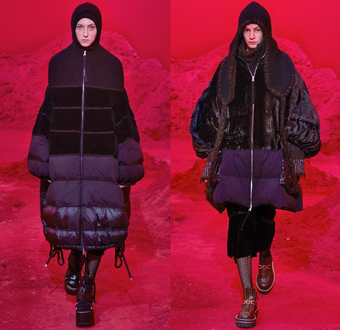 Moncler 2 1952 2020-2021 Fall Autumn Winter Womens Runway Catwalk Looks Genius Project Collaboration - Milano Moda Donna Collezione Milan Fashion Week Italy - Quilted Puffer Tubular Bubbles Drawstring Vestdress Turtleneck Knit Sweater Scarf Corduroy Nylon Faux Fur Headwear Poncho Coat Parka Jacket Crop Top Midriff Houndstooth Leaves Foliage Print Velvet Fishnet Mesh Tights Arm Warmers Gloves Handbag Tote Platform Boots Sunglasses