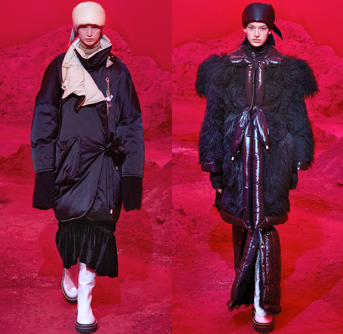 Moncler 2 1952 2020-2021 Fall Autumn Winter Womens Runway Catwalk Looks Genius Project Collaboration - Milano Moda Donna Collezione Milan Fashion Week Italy - Quilted Puffer Tubular Bubbles Drawstring Vestdress Turtleneck Knit Sweater Scarf Corduroy Nylon Faux Fur Headwear Poncho Coat Parka Jacket Crop Top Midriff Houndstooth Leaves Foliage Print Velvet Fishnet Mesh Tights Arm Warmers Gloves Handbag Tote Platform Boots Sunglasses