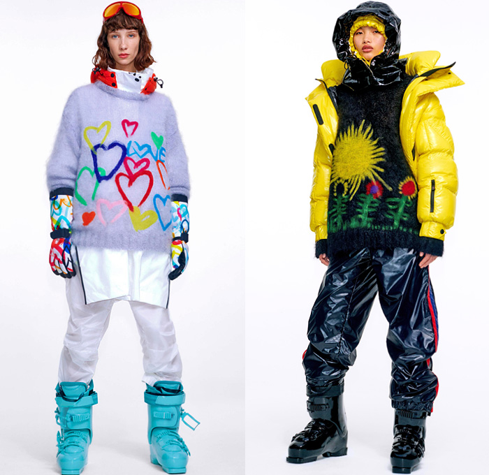 Moncler 3 Grenoble 2020-2021 Fall Autumn Winter Womens Lookbook Presentation - Milano Moda Donna Collezione Milan Fashion Week Italy - High Performance Colorful Geometric Graffiti Spray Paint Hearts Love Logo-Mania Pineapple Dyneema Snow Glow Photo-Luminescent Ski Snowboard Arctic Sport Quilted Puffer Fur Hoodie Parka Coat Jacket Onesie Bodysuit Coveralls Salopette Knit Mohair Sweater Plaid Check Fanny Pack Belt Bag Nylon Harness See Through Vest Boots Gloves Goggles Helmet