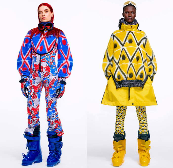 Moncler 3 Grenoble 2020-2021 Fall Autumn Winter Womens Lookbook Presentation - Milano Moda Donna Collezione Milan Fashion Week Italy - High Performance Colorful Geometric Graffiti Spray Paint Hearts Love Logo-Mania Pineapple Dyneema Snow Glow Photo-Luminescent Ski Snowboard Arctic Sport Quilted Puffer Fur Hoodie Parka Coat Jacket Onesie Bodysuit Coveralls Salopette Knit Mohair Sweater Plaid Check Fanny Pack Belt Bag Nylon Harness See Through Vest Boots Gloves Goggles Helmet