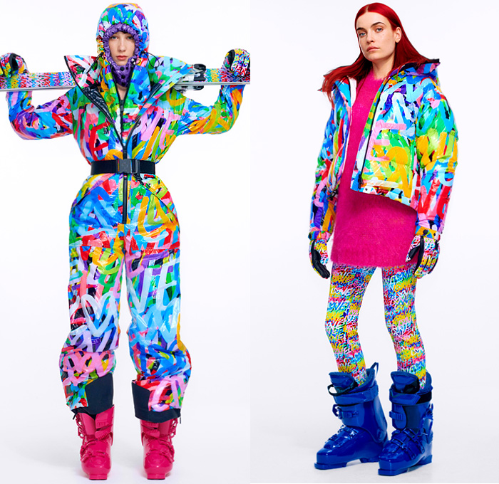 Moncler 3 Grenoble 2020-2021 Fall Autumn Winter Womens Lookbook Presentation - Milano Moda Donna Collezione Milan Fashion Week Italy - High Performance Colorful Geometric Graffiti Spray Paint Hearts Love Logo-Mania Pineapple Dyneema Snow Glow Photo-Luminescent Ski Snowboard Arctic Sport Quilted Puffer Fur Hoodie Parka Coat Jacket Onesie Bodysuit Coveralls Salopette Knit Mohair Sweater Plaid Check Fanny Pack Belt Bag Nylon Harness See Through Vest Boots Gloves Goggles Helmet