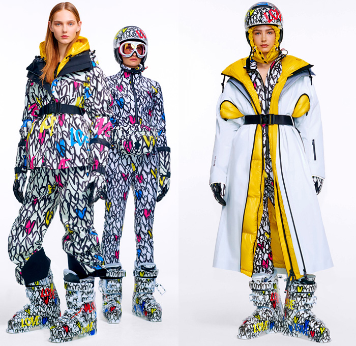 Moncler 3 Grenoble 2020-2021 Fall Autumn Winter Womens Lookbook Presentation - Milano Moda Donna Collezione Milan Fashion Week Italy - High Performance Colorful Geometric Graffiti Spray Paint Hearts Love Logo-Mania Pineapple Dyneema Snow Glow Photo-Luminescent Ski Snowboard Arctic Sport Quilted Puffer Fur Hoodie Parka Coat Jacket Onesie Bodysuit Coveralls Salopette Knit Mohair Sweater Plaid Check Fanny Pack Belt Bag Nylon Harness See Through Vest Boots Gloves Goggles Helmet