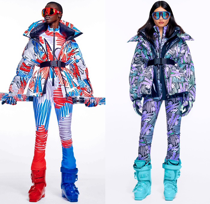 Moncler 3 Grenoble 2020-2021 Fall Autumn Winter Womens Lookbook Presentation - Milano Moda Donna Collezione Milan Fashion Week Italy - High Performance Colorful Geometric Graffiti Spray Paint Hearts Love Logo-Mania Pineapple Dyneema Snow Glow Photo-Luminescent Ski Snowboard Arctic Sport Quilted Puffer Fur Hoodie Parka Coat Jacket Onesie Bodysuit Coveralls Salopette Knit Mohair Sweater Plaid Check Fanny Pack Belt Bag Nylon Harness See Through Vest Boots Gloves Goggles Helmet