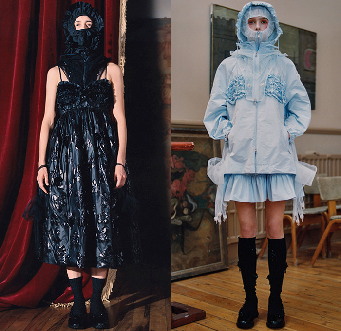 Moncler 4 Simone Rocha 2020-2021 Fall Autumn Winter Womens Lookbook Presentation Genius Project Collaboration - Milano Moda Donna Collezione Milan Fashion Week Italy - Romanticism Hoodie Ruffles Noodle Strap Dress Sheer Tulle Voluminous Flowers Floral Embroidery Plastic Rainwear Parka Trench Coat Jacket Cargo Utility Pockets Quilted Puffer Poncho Sack Handbag Socks Platform Sandals Opera Gloves Mary Jane Shoes