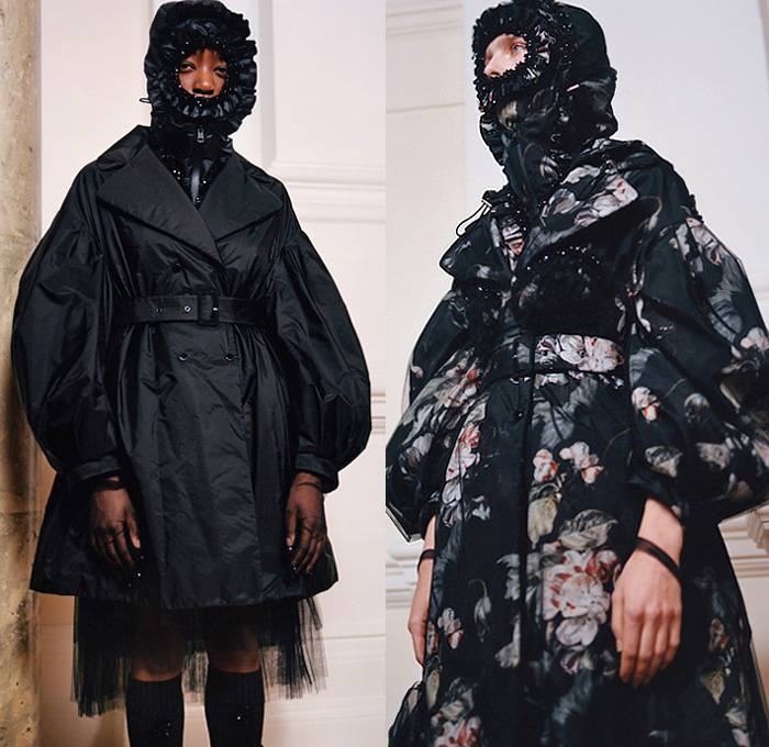 Moncler 4 Simone Rocha 2020-2021 Fall Autumn Winter Womens Lookbook Presentation Genius Project Collaboration - Milano Moda Donna Collezione Milan Fashion Week Italy - Romanticism Hoodie Ruffles Noodle Strap Dress Sheer Tulle Voluminous Flowers Floral Embroidery Plastic Rainwear Parka Trench Coat Jacket Cargo Utility Pockets Quilted Puffer Poncho Sack Handbag Socks Platform Sandals Opera Gloves Mary Jane Shoes