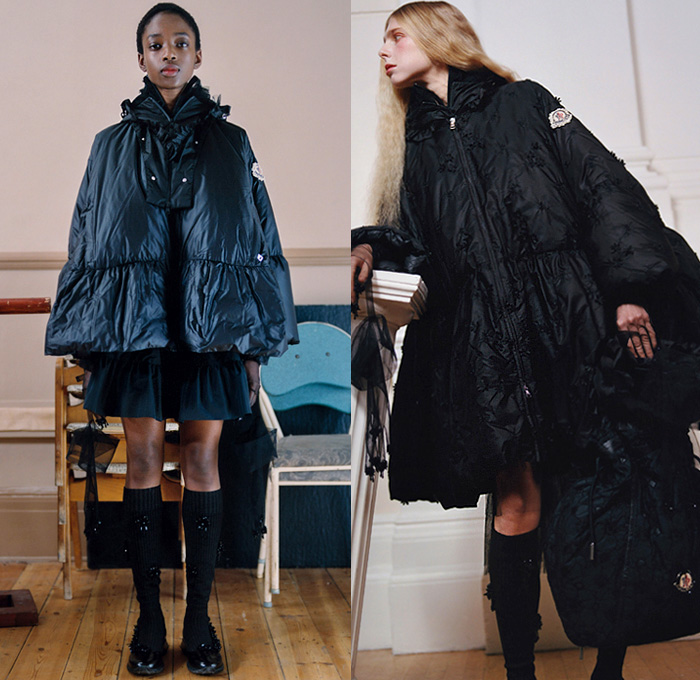 Moncler 4 Simone Rocha 2020-2021 Fall Autumn Winter Womens Lookbook Presentation Genius Project Collaboration - Milano Moda Donna Collezione Milan Fashion Week Italy - Romanticism Hoodie Ruffles Noodle Strap Dress Sheer Tulle Voluminous Flowers Floral Embroidery Plastic Rainwear Parka Trench Coat Jacket Cargo Utility Pockets Quilted Puffer Poncho Sack Handbag Socks Platform Sandals Opera Gloves Mary Jane Shoes