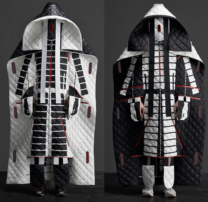 Moncler 5 Craig Green 2020-2021 Fall Autumn Winter Mens Lookbook Presentation Genius Project Collaboration - Milano Moda Donna Collezione Milan Fashion Week Italy - Transparency Protection Two Tone Bright Colors Quilted Puffer Blanket Poncho Cloak Cape Shaman Samurai Straps Tied Holes Padded Hoodie Silhouette Ripstop Nylon Inflatable Water Raft Pool Mattress Face Outerwear Coat Trainers