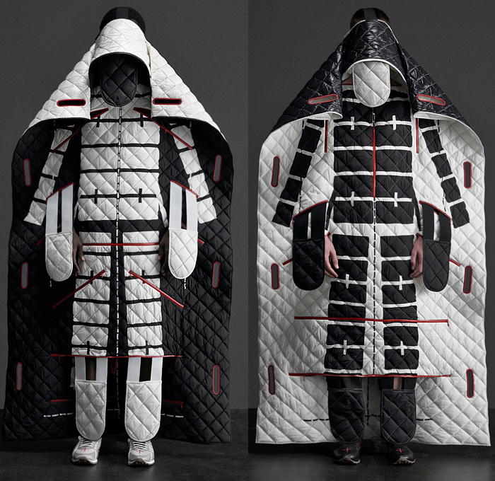 Moncler 5 Craig Green 2020-2021 Fall Autumn Winter Mens Lookbook Presentation Genius Project Collaboration - Milano Moda Donna Collezione Milan Fashion Week Italy - Transparency Protection Two Tone Bright Colors Quilted Puffer Blanket Poncho Cloak Cape Shaman Samurai Straps Tied Holes Padded Hoodie Silhouette Ripstop Nylon Inflatable Water Raft Pool Mattress Face Outerwear Coat Trainers