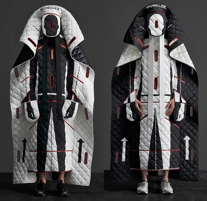 Moncler 5 Craig Green 2020-2021 Fall Autumn Winter Mens Lookbook Presentation Genius Project Collaboration - Milano Moda Donna Collezione Milan Fashion Week Italy - Transparency Protection Two Tone Bright Colors Quilted Puffer Blanket Poncho Cloak Cape Shaman Samurai Straps Tied Holes Padded Hoodie Silhouette Ripstop Nylon Inflatable Water Raft Pool Mattress Face Outerwear Coat Trainers