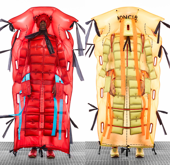 Moncler 5 Craig Green 2020-2021 Fall Autumn Winter Mens Lookbook Presentation Genius Project Collaboration - Milano Moda Donna Collezione Milan Fashion Week Italy - Transparency Protection Two Tone Bright Colors Quilted Puffer Blanket Poncho Cloak Cape Shaman Samurai Straps Tied Holes Padded Hoodie Silhouette Ripstop Nylon Inflatable Water Raft Pool Mattress Face Outerwear Coat Trainers