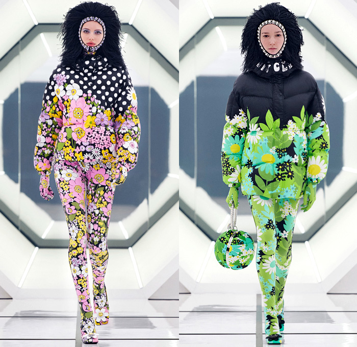 Moncler 8 Richard Quinn 2020-2021 Fall Autumn Winter Womens Runway Catwalk Looks Genius Project Collaboration - Milano Moda Donna Collezione Milan Fashion Week Italy - 1960s Sixties Mod Headwear Fringes Feathers Bedazzled Crystals Gems Studs Embroidery Sequins Polka Dots Flowers Floral Print Quilted Puffer Coat Robe Jacket Hoodie Rainbow Onesie Jumpsuit Boilersuit Turtleneck Leggings Brooch Buttons Check Hypnotic Stripes Gown Comforter Blanket Goggles Gloves Sphere Ball Bag Tote