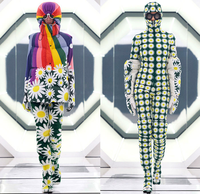 Moncler 8 Richard Quinn 2020-2021 Fall Autumn Winter Womens Runway Catwalk Looks Genius Project Collaboration - Milano Moda Donna Collezione Milan Fashion Week Italy - 1960s Sixties Mod Headwear Fringes Feathers Bedazzled Crystals Gems Studs Embroidery Sequins Polka Dots Flowers Floral Print Quilted Puffer Coat Robe Jacket Hoodie Rainbow Onesie Jumpsuit Boilersuit Turtleneck Leggings Brooch Buttons Check Hypnotic Stripes Gown Comforter Blanket Goggles Gloves Sphere Ball Bag Tote