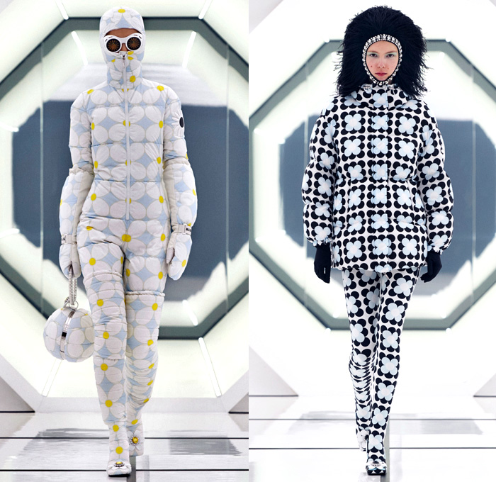 Moncler 8 Richard Quinn 2020-2021 Fall Autumn Winter Womens Runway Catwalk Looks Genius Project Collaboration - Milano Moda Donna Collezione Milan Fashion Week Italy - 1960s Sixties Mod Headwear Fringes Feathers Bedazzled Crystals Gems Studs Embroidery Sequins Polka Dots Flowers Floral Print Quilted Puffer Coat Robe Jacket Hoodie Rainbow Onesie Jumpsuit Boilersuit Turtleneck Leggings Brooch Buttons Check Hypnotic Stripes Gown Comforter Blanket Goggles Gloves Sphere Ball Bag Tote