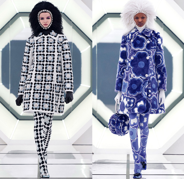 Moncler 8 Richard Quinn 2020-2021 Fall Autumn Winter Womens Runway Catwalk Looks Genius Project Collaboration - Milano Moda Donna Collezione Milan Fashion Week Italy - 1960s Sixties Mod Headwear Fringes Feathers Bedazzled Crystals Gems Studs Embroidery Sequins Polka Dots Flowers Floral Print Quilted Puffer Coat Robe Jacket Hoodie Rainbow Onesie Jumpsuit Boilersuit Turtleneck Leggings Brooch Buttons Check Hypnotic Stripes Gown Comforter Blanket Goggles Gloves Sphere Ball Bag Tote