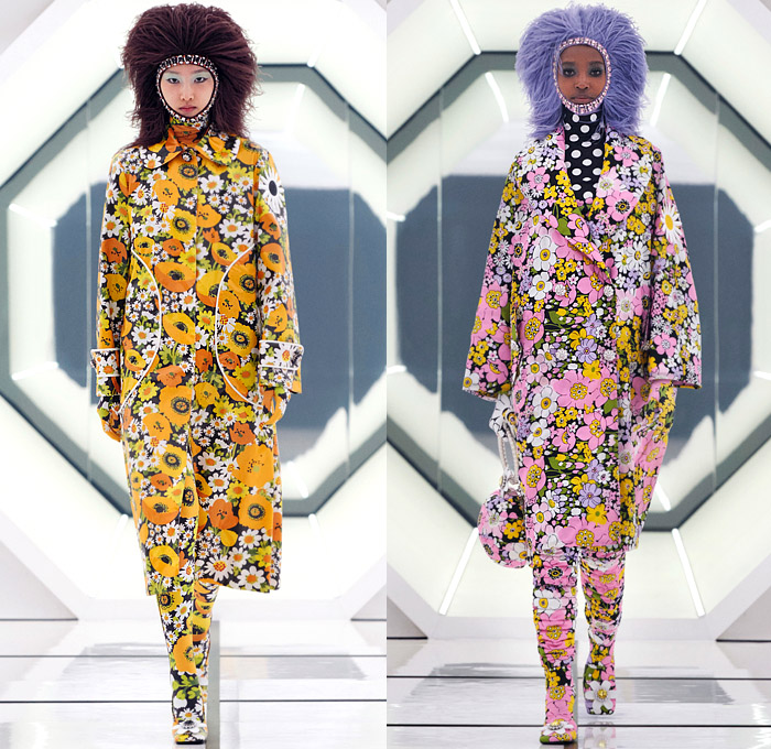 Moncler 8 Richard Quinn 2020-2021 Fall Autumn Winter Womens Runway Catwalk Looks Genius Project Collaboration - Milano Moda Donna Collezione Milan Fashion Week Italy - 1960s Sixties Mod Headwear Fringes Feathers Bedazzled Crystals Gems Studs Embroidery Sequins Polka Dots Flowers Floral Print Quilted Puffer Coat Robe Jacket Hoodie Rainbow Onesie Jumpsuit Boilersuit Turtleneck Leggings Brooch Buttons Check Hypnotic Stripes Gown Comforter Blanket Goggles Gloves Sphere Ball Bag Tote