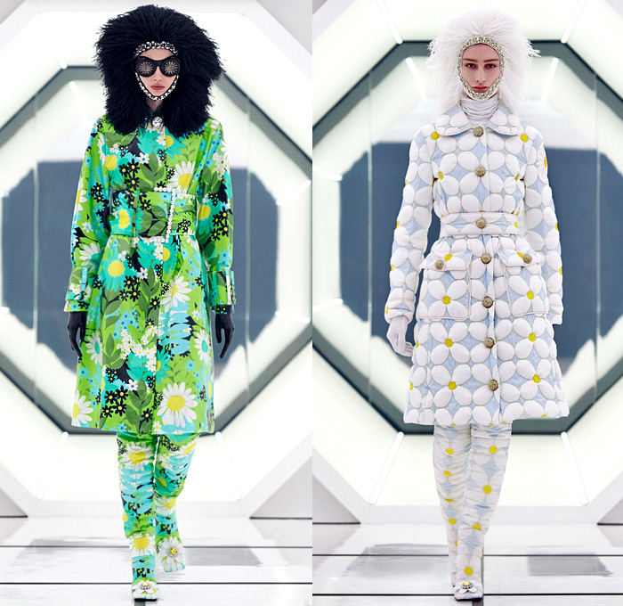 Moncler 8 Richard Quinn 2020-2021 Fall Autumn Winter Womens Runway Catwalk Looks Genius Project Collaboration - Milano Moda Donna Collezione Milan Fashion Week Italy - 1960s Sixties Mod Headwear Fringes Feathers Bedazzled Crystals Gems Studs Embroidery Sequins Polka Dots Flowers Floral Print Quilted Puffer Coat Robe Jacket Hoodie Rainbow Onesie Jumpsuit Boilersuit Turtleneck Leggings Brooch Buttons Check Hypnotic Stripes Gown Comforter Blanket Goggles Gloves Sphere Ball Bag Tote