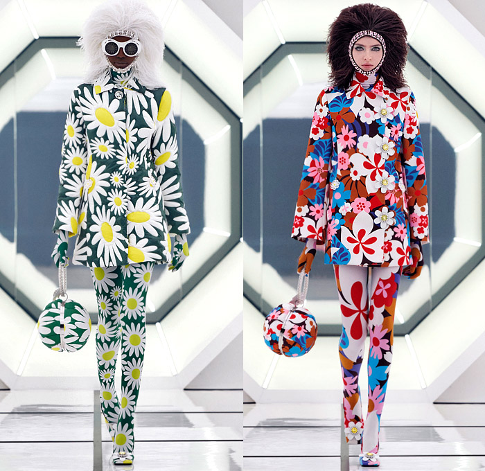 Moncler 8 Richard Quinn 2020-2021 Fall Autumn Winter Womens Runway Catwalk Looks Genius Project Collaboration - Milano Moda Donna Collezione Milan Fashion Week Italy - 1960s Sixties Mod Headwear Fringes Feathers Bedazzled Crystals Gems Studs Embroidery Sequins Polka Dots Flowers Floral Print Quilted Puffer Coat Robe Jacket Hoodie Rainbow Onesie Jumpsuit Boilersuit Turtleneck Leggings Brooch Buttons Check Hypnotic Stripes Gown Comforter Blanket Goggles Gloves Sphere Ball Bag Tote