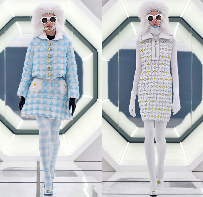 Moncler 8 Richard Quinn 2020-2021 Fall Autumn Winter Womens Runway Catwalk Looks Genius Project Collaboration - Milano Moda Donna Collezione Milan Fashion Week Italy - 1960s Sixties Mod Headwear Fringes Feathers Bedazzled Crystals Gems Studs Embroidery Sequins Polka Dots Flowers Floral Print Quilted Puffer Coat Robe Jacket Hoodie Rainbow Onesie Jumpsuit Boilersuit Turtleneck Leggings Brooch Buttons Check Hypnotic Stripes Gown Comforter Blanket Goggles Gloves Sphere Ball Bag Tote