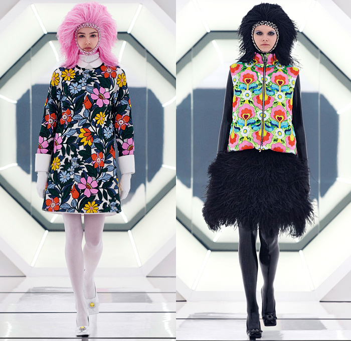 Moncler 8 Richard Quinn 2020-2021 Fall Autumn Winter Womens Runway Catwalk Looks Genius Project Collaboration - Milano Moda Donna Collezione Milan Fashion Week Italy - 1960s Sixties Mod Headwear Fringes Feathers Bedazzled Crystals Gems Studs Embroidery Sequins Polka Dots Flowers Floral Print Quilted Puffer Coat Robe Jacket Hoodie Rainbow Onesie Jumpsuit Boilersuit Turtleneck Leggings Brooch Buttons Check Hypnotic Stripes Gown Comforter Blanket Goggles Gloves Sphere Ball Bag Tote