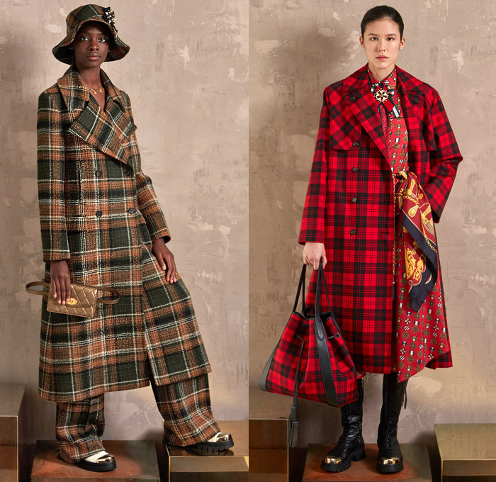 Mulberry 2020-2021 Fall Autumn Winter Womens Lookbook Presentation - Mode à Paris Fashion Week France - Traditional Plaid Check Tartan Bucket Hat Military Trench Coat Tweed Pantsuit Blazer Pussycat Bow Brooch Scarf Medals Flowers Floral Embroidery Bedazzled Gems Sheer Tulle Butterflies Leopard Lounge Sleepwear Pajamas Metal Gold Brocade Tied Wide Leg Skirt Prairie Dress Handbag Tote Boots Loafers Cap Toe