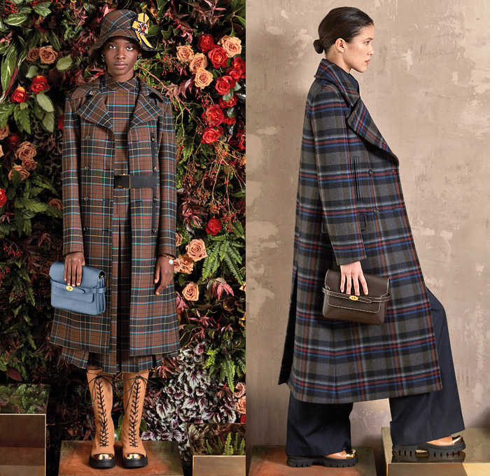 Mulberry 2020-2021 Fall Autumn Winter Womens Lookbook Presentation - Mode à Paris Fashion Week France - Traditional Plaid Check Tartan Bucket Hat Military Trench Coat Tweed Pantsuit Blazer Pussycat Bow Brooch Scarf Medals Flowers Floral Embroidery Bedazzled Gems Sheer Tulle Butterflies Leopard Lounge Sleepwear Pajamas Metal Gold Brocade Tied Wide Leg Skirt Prairie Dress Handbag Tote Boots Loafers Cap Toe