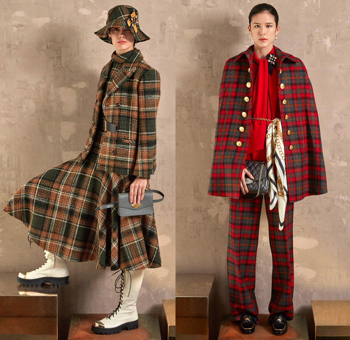 Mulberry 2020-2021 Fall Autumn Winter Womens Lookbook Presentation - Mode à Paris Fashion Week France - Traditional Plaid Check Tartan Bucket Hat Military Trench Coat Tweed Pantsuit Blazer Pussycat Bow Brooch Scarf Medals Flowers Floral Embroidery Bedazzled Gems Sheer Tulle Butterflies Leopard Lounge Sleepwear Pajamas Metal Gold Brocade Tied Wide Leg Skirt Prairie Dress Handbag Tote Boots Loafers Cap Toe