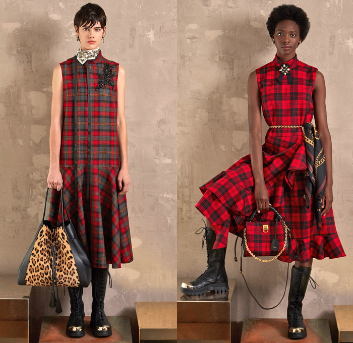 Mulberry 2020-2021 Fall Autumn Winter Womens Lookbook Presentation - Mode à Paris Fashion Week France - Traditional Plaid Check Tartan Bucket Hat Military Trench Coat Tweed Pantsuit Blazer Pussycat Bow Brooch Scarf Medals Flowers Floral Embroidery Bedazzled Gems Sheer Tulle Butterflies Leopard Lounge Sleepwear Pajamas Metal Gold Brocade Tied Wide Leg Skirt Prairie Dress Handbag Tote Boots Loafers Cap Toe