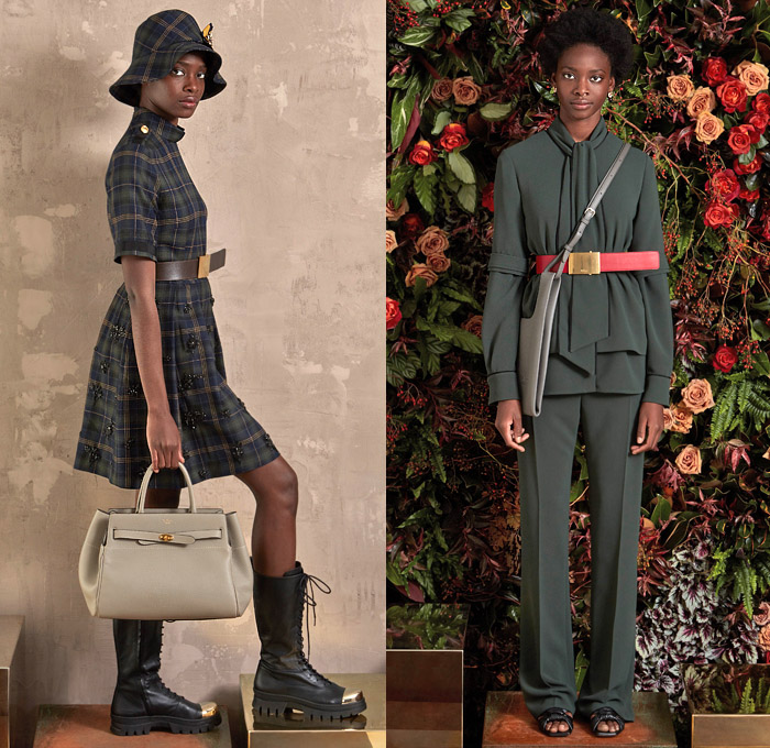 Mulberry 2020-2021 Fall Autumn Winter Womens Lookbook Presentation - Mode à Paris Fashion Week France - Traditional Plaid Check Tartan Bucket Hat Military Trench Coat Tweed Pantsuit Blazer Pussycat Bow Brooch Scarf Medals Flowers Floral Embroidery Bedazzled Gems Sheer Tulle Butterflies Leopard Lounge Sleepwear Pajamas Metal Gold Brocade Tied Wide Leg Skirt Prairie Dress Handbag Tote Boots Loafers Cap Toe